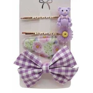 Hair pins fashion bear flower ribbon hair pin 4PC set Purple anime LA Comic